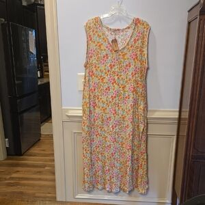 Natural Life Size L/XL 100% Cotton Colorful Floral Sleeveless Maxi Dress, NWT